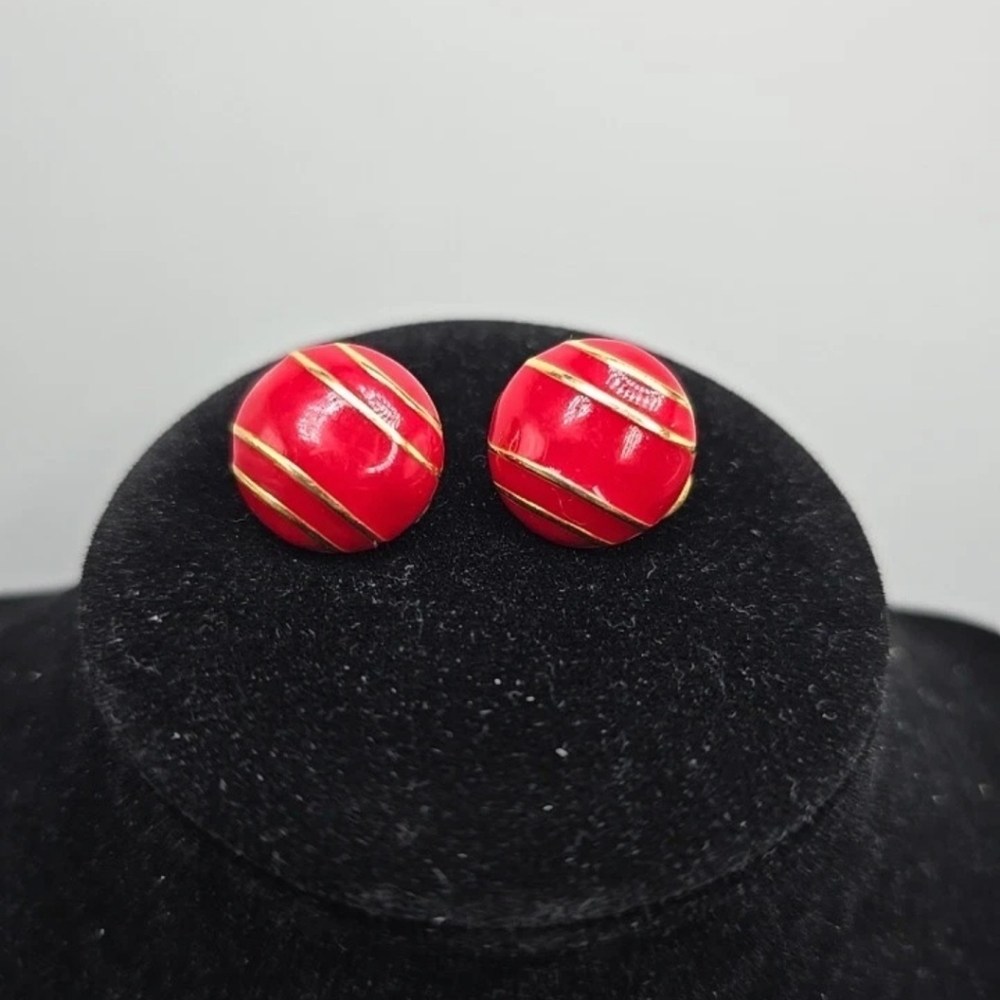 Vintage Monet Goldtone Red Enamel Stripe Clip On Earrings